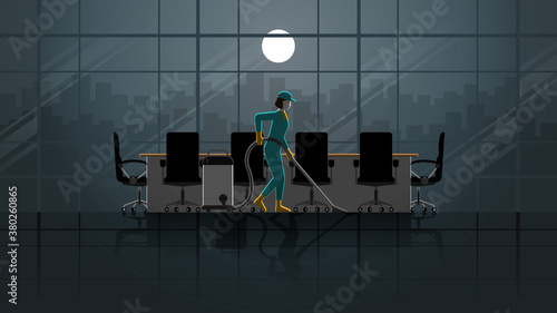 A woman cleaning maid service working in office meeting room. Alone in the dark and full moon light. Lonely people in city. Lifestyle work hard overtime and overwork. Idea illustration concept idea.