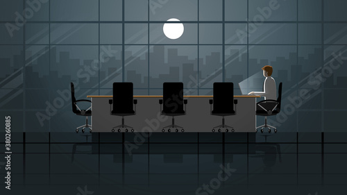 Employee working on laptop in office meeting room. Alone in the dark and light from full moon. Lonely people in the city. Lifestyle of work hard overtime and overwork. Idea illustration concept scene.