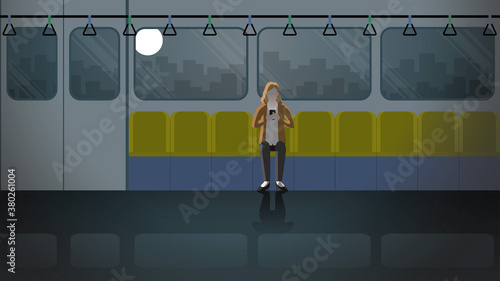A woman using mobile phone sitting in the last train public transportation. Alone in the dark night and light from full moon. City lifestyle of lonely people. Idea illustration concept scene.