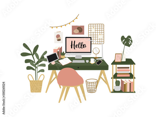 Desk space at home, Working at home, Freelancers home office, coworking space. Hand drawn flat vector illustration.