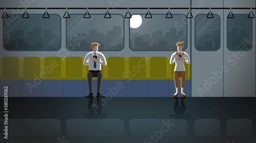 Love at first sight between man and woman in train public transportation  at night in the dark and full moon light. Lonely people in city lifestyle. Idea illustration vector concept romantic scene.