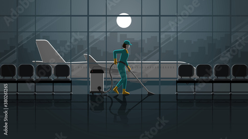 A woman cleaning maid service working in airport terminal at night. Alone in the dark and full moon light. Job lifestyle of work hard overtime and overwork. Idea illustration concept vector idea.