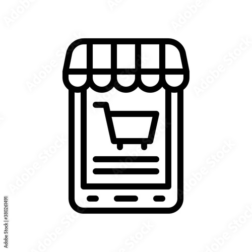 supper market or online shopping related mobile shop with shopping trolly vector in lineal style,