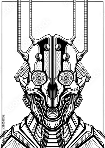 Mechanic character close-up, droid in armor with connected wires, horror face of cyborg with big eyes, robot with head similar to rude skull with mechanisms, in the style of cyberpunk, no background.