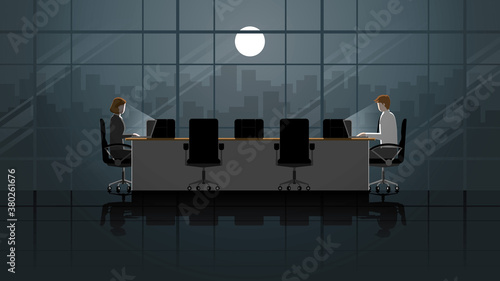 Employees man and woman working on laptop in office meeting window room. Work in the dark and light from full moon. City lifestyle of work hard overtime and overwork. Idea illustration concept scene.