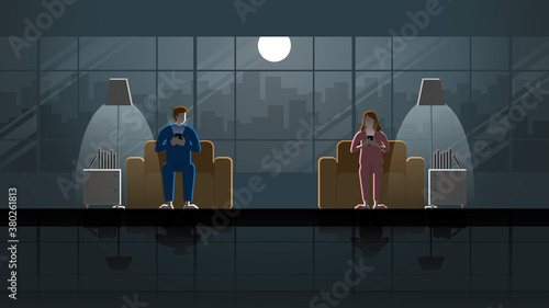 Eye contact scene of divorced couple separate sit on sofa and use smart phone in house living room. Husband and wife in the dark and light from full moon and lamp. Idea illustration concept vector.