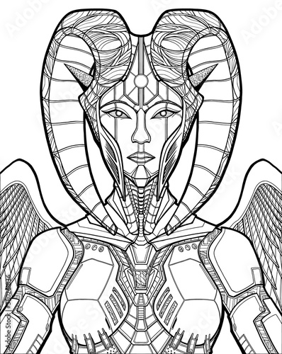 Cyber character close-up, queen extraterrestrial civilization, girl warrior with beautiful face, alien with pointed ears, in helmet with twisted striped horns and mechanical armor with wings, symmetry