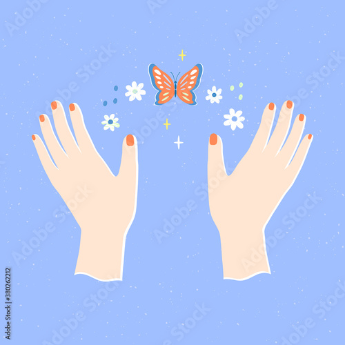 Magic female hand with chamomiles, stars, spots and butterfly. Red manicure. Cartoon style. Abstract hand drawn colorful trendy vector illustration. Print idea. Fit for social media, bloggers.
