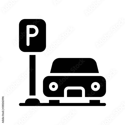 supper market or online shopping related car with parking board vector in solid design,