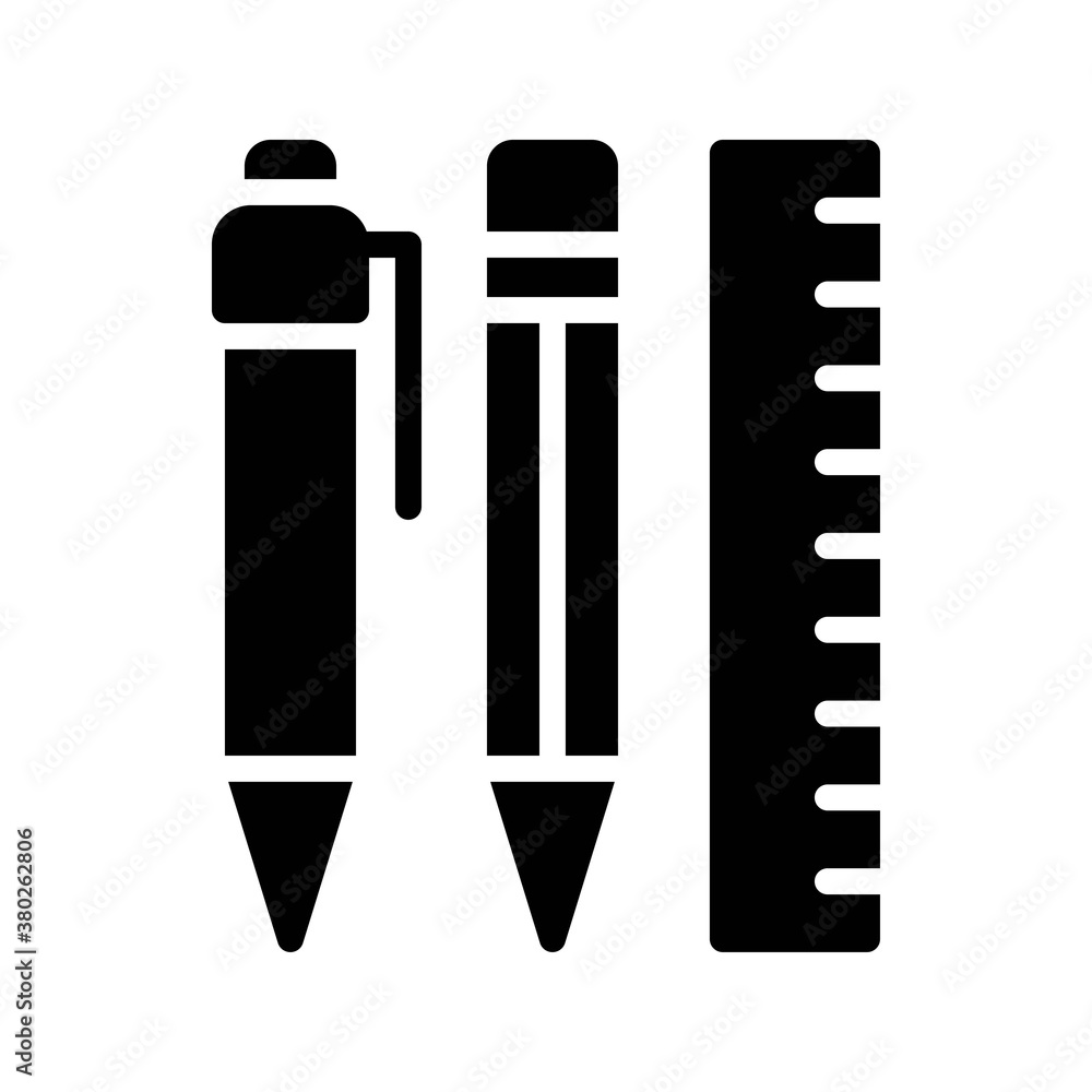 supper market or online shopping related ballpoint, pencil and scale vector in solid design,