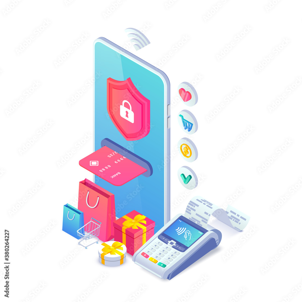 3d internet shopping isometric concept. Black friday sale design with smartphone, shopping cart, bags, gift, NFC payment terminal and credit card. Contactless safe payments vector for web, mobile app 3d internet shopping isometric concept. Black friday sale design with smartphone, shopping cart, bags, gift, NFC payment terminal and credit card. Contactless safe payments vector for web, mobile app