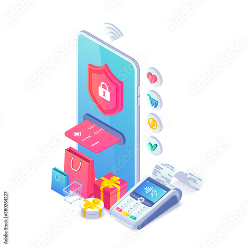 3d internet shopping isometric concept. Black friday sale design with smartphone, shopping cart, bags, gift, NFC payment terminal and credit card. Contactless safe payments vector for web, mobile app