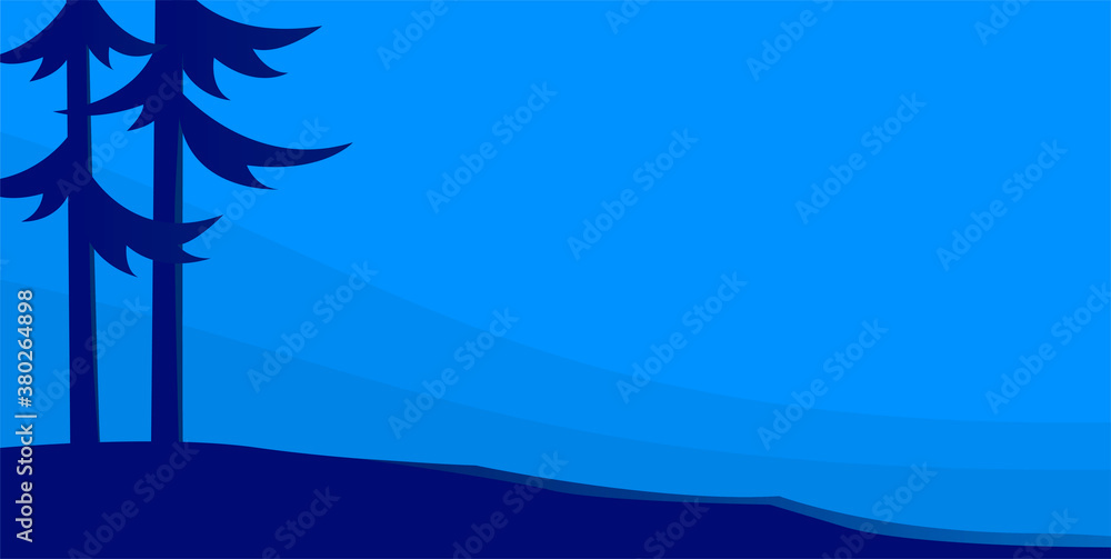 Vector illustration. Night landscape with two pines. Blue background with place for text.
