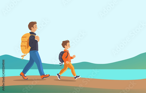 Father and son are traveling in the wild. They walk along the lake with backpacks. Vector cartoon illustration with place for text.