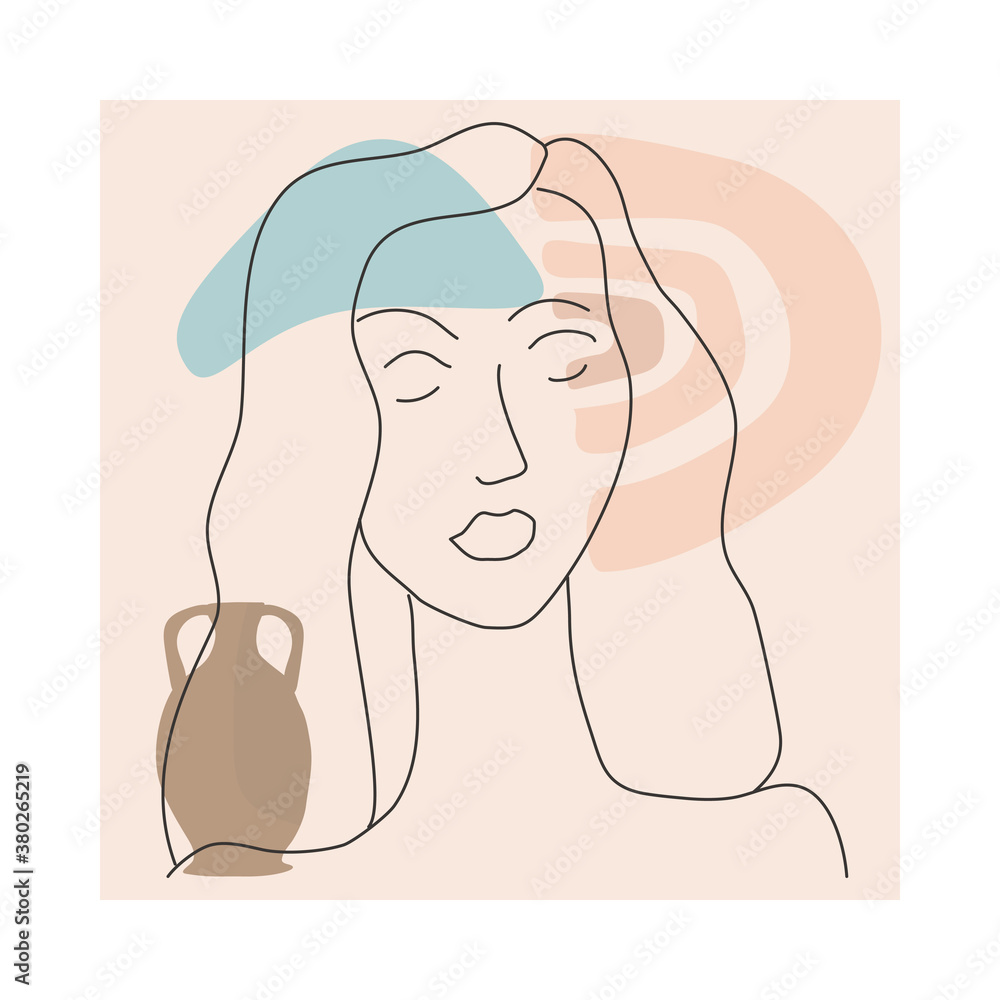 Woman line portrate in modern minimalist style trendy. Abstract shape pastel warm colors,flowers, vase. Editable outline aesthetic vector illustration