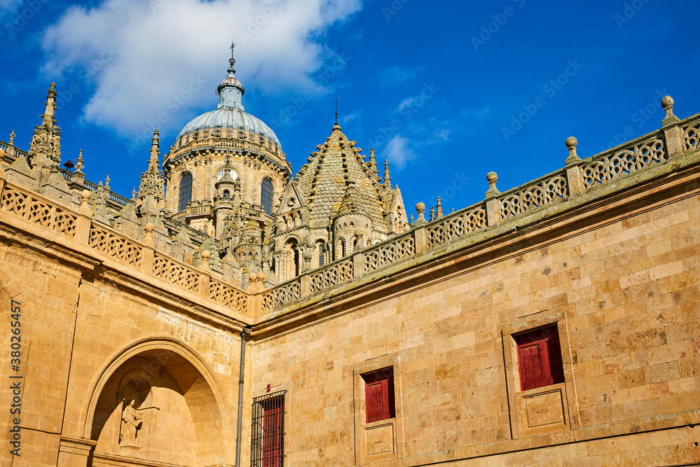 Looking up at the spire of New Cathedral (Cathedral Nueva) in the old city of Salamanca