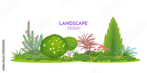 Mixed flowers border template with text. Color vector isolated  illustration in flat style for landscape and garden design.