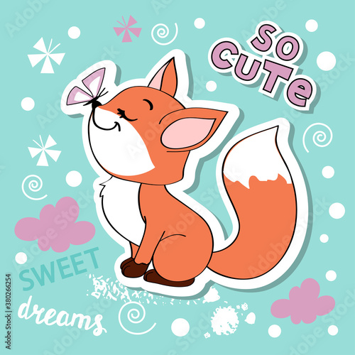 Cute fox with butterfly on blue background