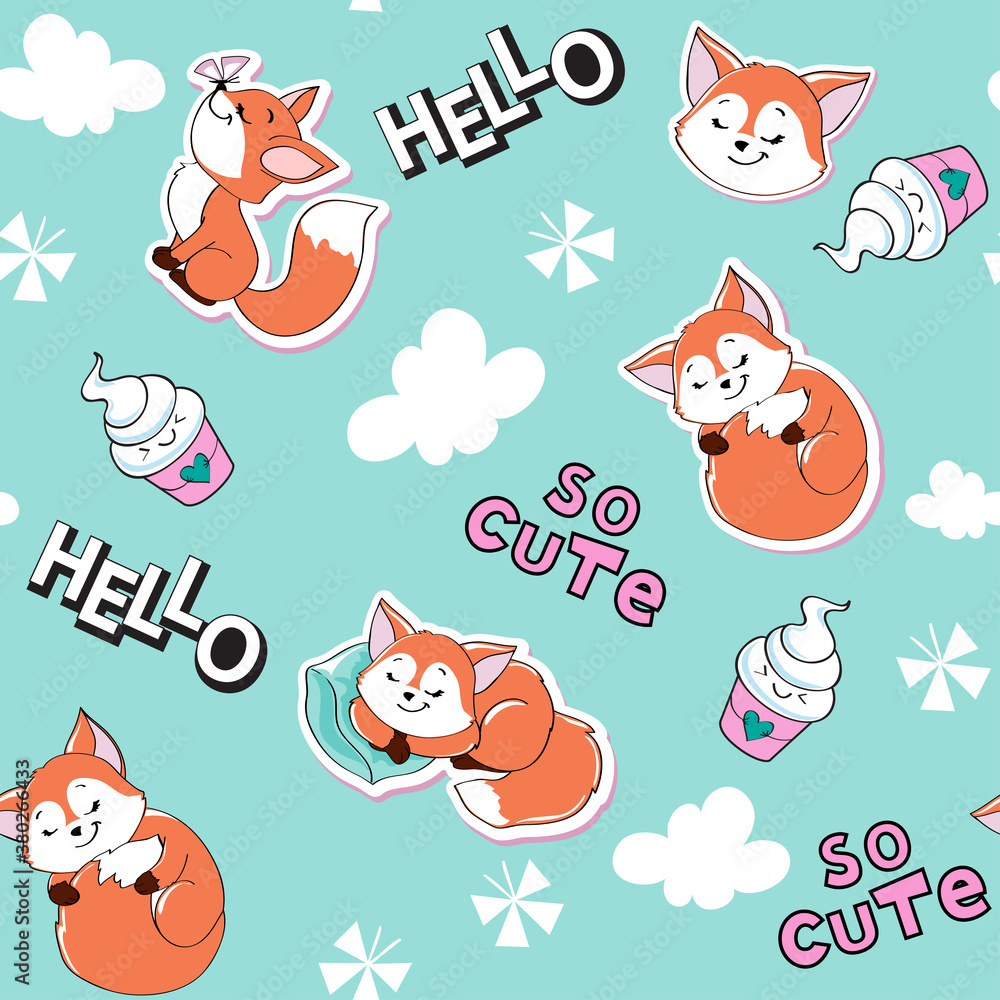Cute foxes, cloud and the inscription so cute on a blue background seamless pattern Cute foxes, cloud and the inscription so cute on a blue background seamless pattern