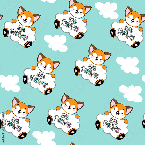 Funny fox holds a cloud with the inscription big dreams on a blue background seamless pattern