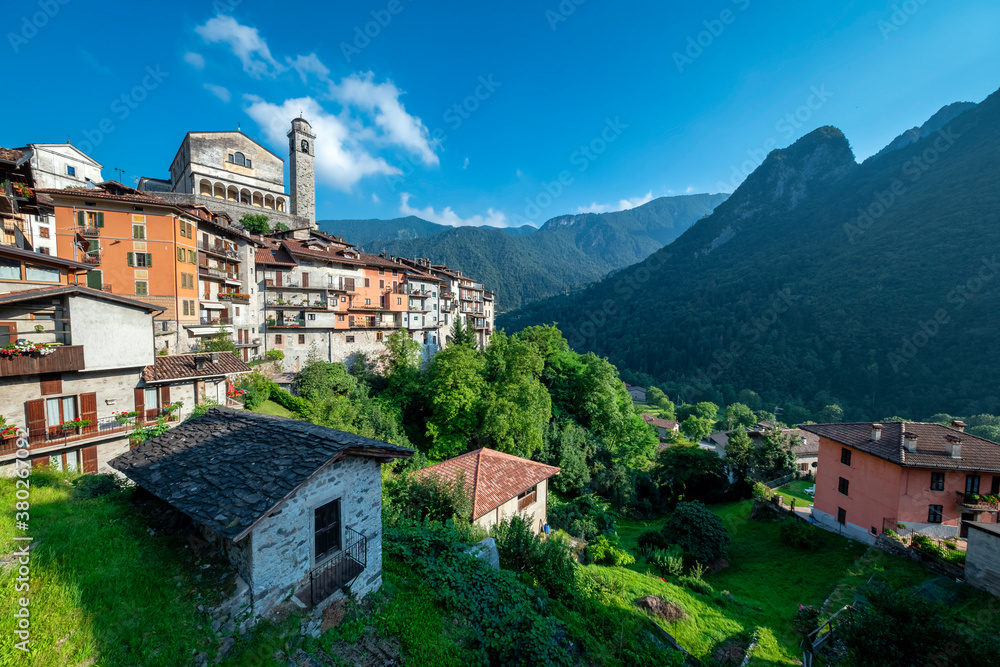 Obraz premium Summer panorama of Bagolino, a small town in the Lombardy Region (province of Brescia), famous for its Bagoss cheese, made with goat's milk. Color image.