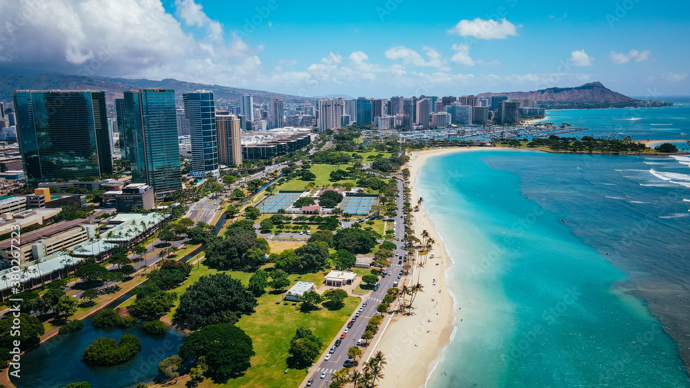 Aerial Ala Moana Beach Park is a free public park on the island of Oahu, U.S. state of Hawaii, located between Waikiki and downtown Honolulu. 