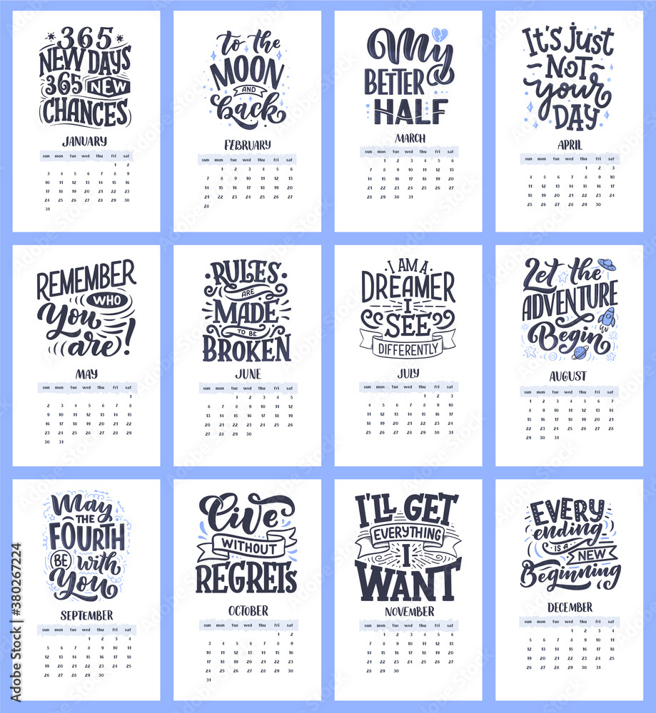 Modern typography lettering compositions for 2021 year calendar with funny motivation quotes. Hand drawn illustrations. Trendy season slogans, vector graphic