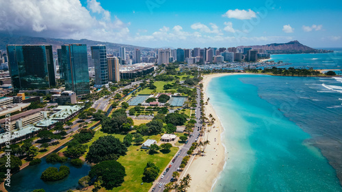 Aerial Ala Moana Beach Park is a free public park on the island of Oahu, U.S. state of Hawaii, located between Waikiki and downtown Honolulu. 