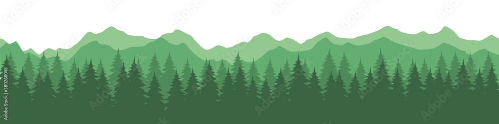 Fototapeta premium Silhouettes of mountains and pine forest. Beautiful landscape. Panorama of nature. Vector illustration 