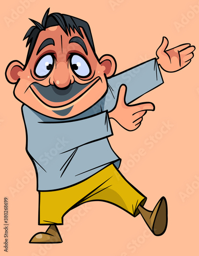 cartoon smiling man pointing his hands to the side