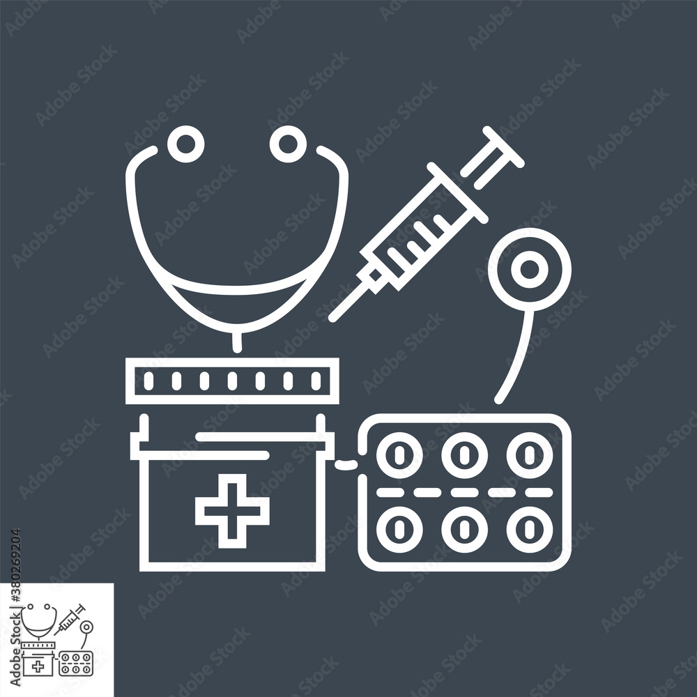 Health Care related vector thin line icon. Stethoscope, pills, medicine jar and syringe. Isolated on black background. Editable stroke. Vector illustration.