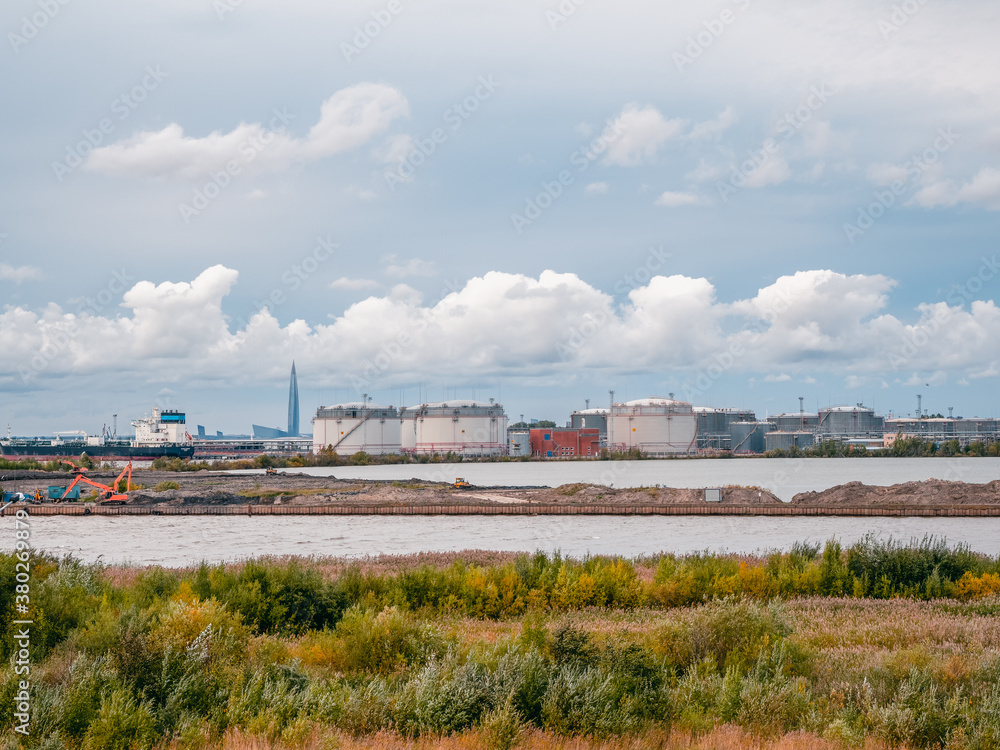 Port, an industrial district in the South-West of Saint Petersburg. Tank farm oil and gas terminal