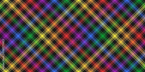 rainbow lgbt flag colors on black diagonal tartan style fabric texture repeatable pattern from plaid, tablecloths, shirts, clothes, dresses, bedding, blankets editable vector illustration