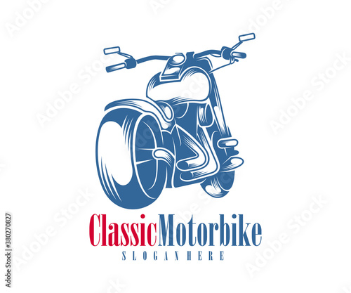 Motorcycle monochrome emblems, logo and motorbike badges with descriptions of custom bikes, classic garage. vector illustration