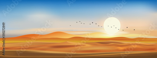 Realistic Vector Dramatic desert landscape in evening with sunset, sky line in blue pink and yellow.Template design for product or advertising, travel or nature display backdrop and banner background