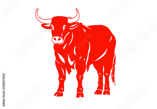 Vector red silhouette of ox isolated on white background, symbol of new year 