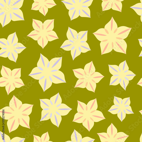 Seamless pattern of simple yellow flowers stars on a light green background. Vector illustration for  packaging  wallpaper  fabric  textile  stationery  accessories.