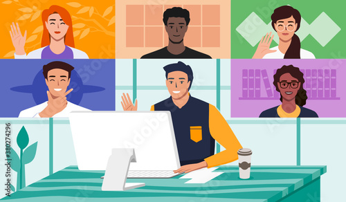 Man Doing Video Conference with Multi Ethnic Colleagues. Work from Home Office Online Virtual Meetings or Web Teleconference with Remote Team Concept. Vector Illustration in Flat Design Cartoon Style.