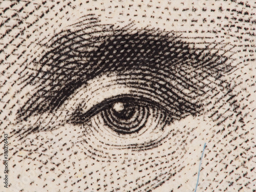 President Abraham Lincoln eye extreme macro on us 5 dollar bill, united states money closeup
