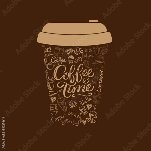 The inscription on the coffee cup. Cup of coffee on black background.
