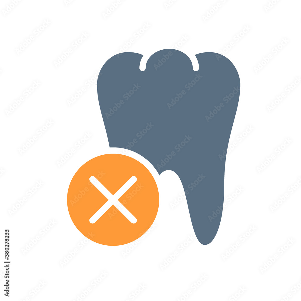 Tooth with cross checkmark colored icon. Diseased internal organ symbol