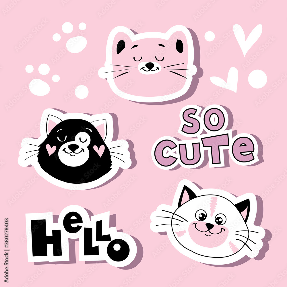 Fashion patch badges with funny head cats and inscription hello on a pink background Fashion patch badges with funny head cats and inscription hello on a pink background