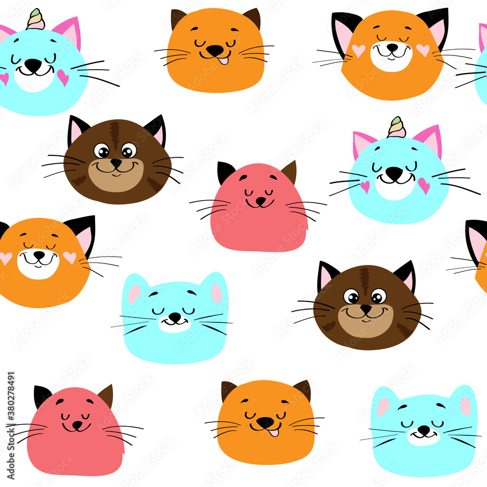 Funny head of cats in kawaii style on a white background seamless pattern for children Funny head of cats in kawaii style on a white background seamless pattern for children