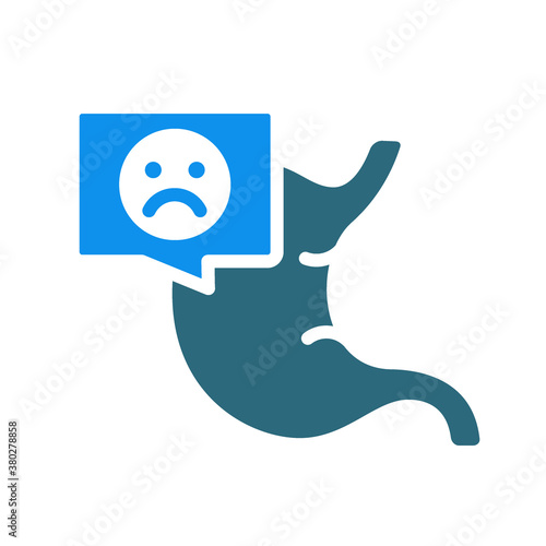 Stomach with sad face in chat bubble colored icon. Diseased gastrointestinal tract symbol