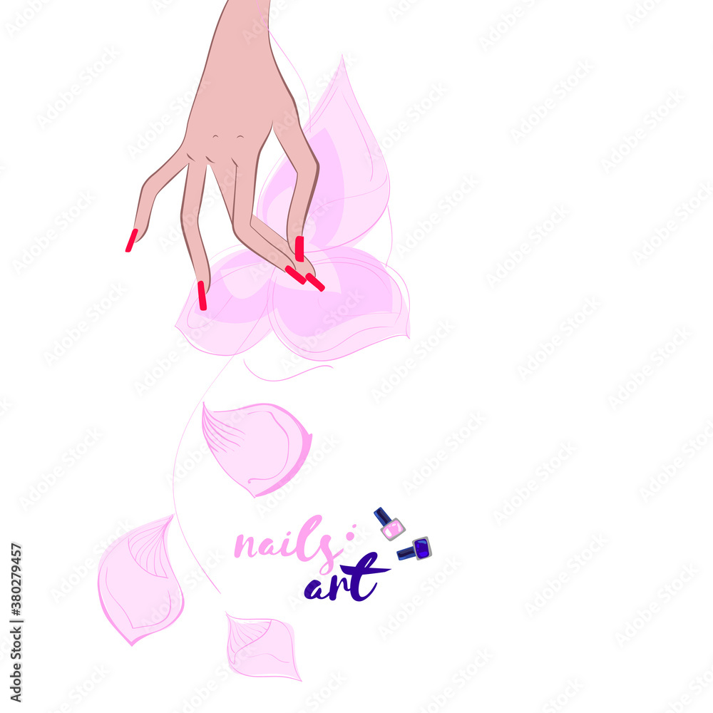 Nails art logo, woman hand with beautiful manicure, flowers background, vector illustration, nail studio. Isolated on white.