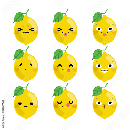 Set of cute cartoon lemon emoji set isolated on white background. Vector Illustration.