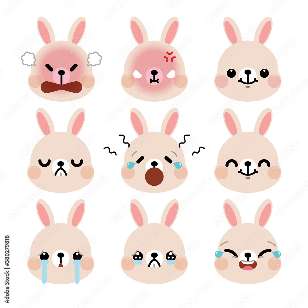 Set of cute cartoon rabbit emoji set isolated on white background. Vector Illustration. Set of cute cartoon rabbit emoji set isolated on white background. Vector Illustration.