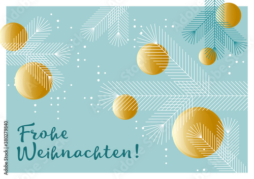 Grafische Weihnachtskarte, Tannenzweige mit Kugeln,  Design, geometrische Formen, deutsch und englisch	