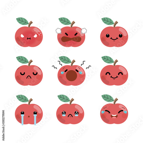 Fototapeta Naklejka Na Ścianę i Meble -  Set of cute cartoon apple emoji set isolated on white background. Vector Illustration.