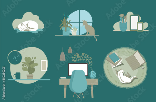 Working at home, concept illustration. . People at home in quarantine. Interior decoration atmosphere
